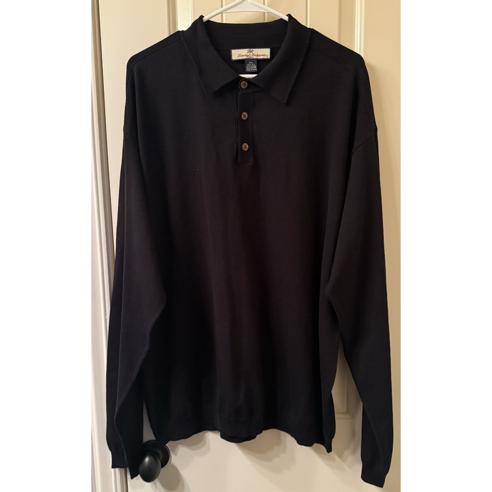 Tommy Bahama XXL Silk Blend Black Polo Sweater Long Sleeve Knit Resort Casual